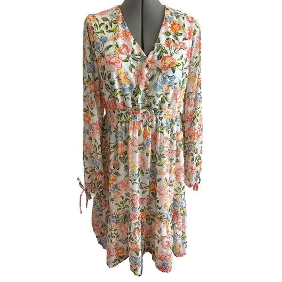 Harlow & Rose Floral Long-Sleeve V-Neck Dress Cottage Core Made In India Medium - Picture 1 of 10
